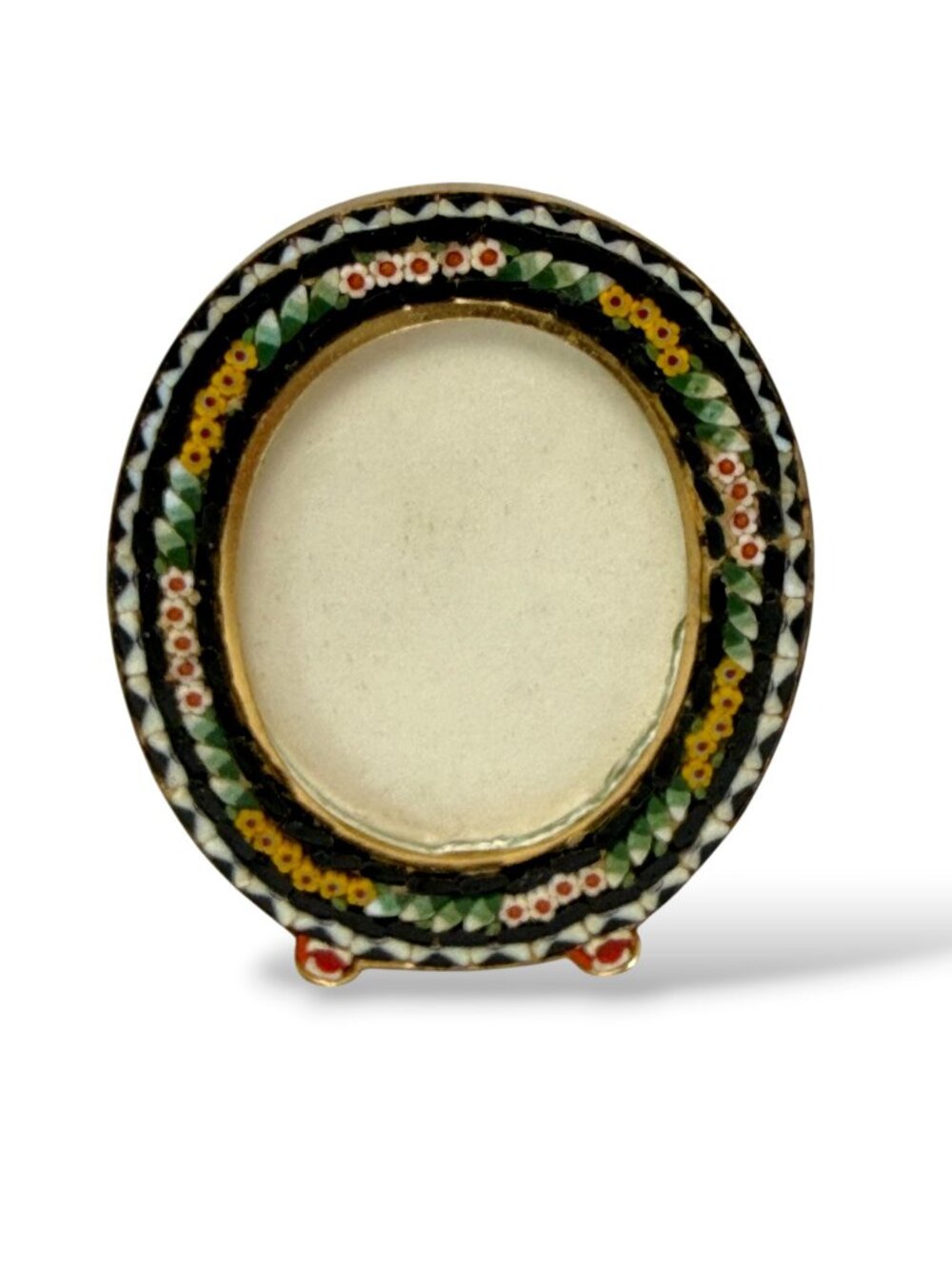Millefiore Mosaic Mini Frame Oval 2.5 “ H Black Multi Italian Vintage Goldtone